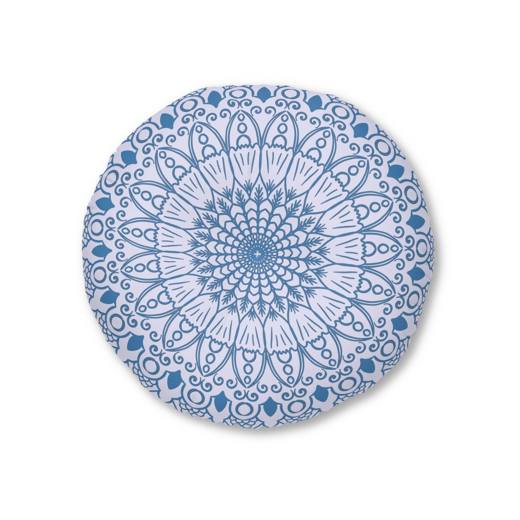 Floor Cushion Handmade Mandala Art - Steel Blue on Levander - Drawn by Hand - Tufted Floor Pillow, Round - Blululi