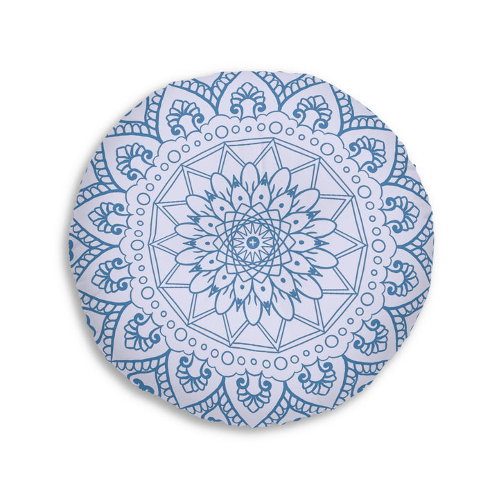 Floor Cushion Handmade Mandala Art - Steel Blue on Levander - Drawn by Hand - Tufted Floor Pillow, Round - Blululi