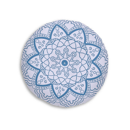 Floor Cushion Handmade Mandala Art - Steel Blue on Levander - Drawn by Hand - Tufted Floor Pillow, Round - Blululi