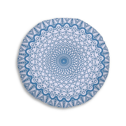 Floor Cushion Handmade Mandala Art - Steel Blue on Levander - Drawn by Hand - Tufted Floor Pillow, Round - Blululi