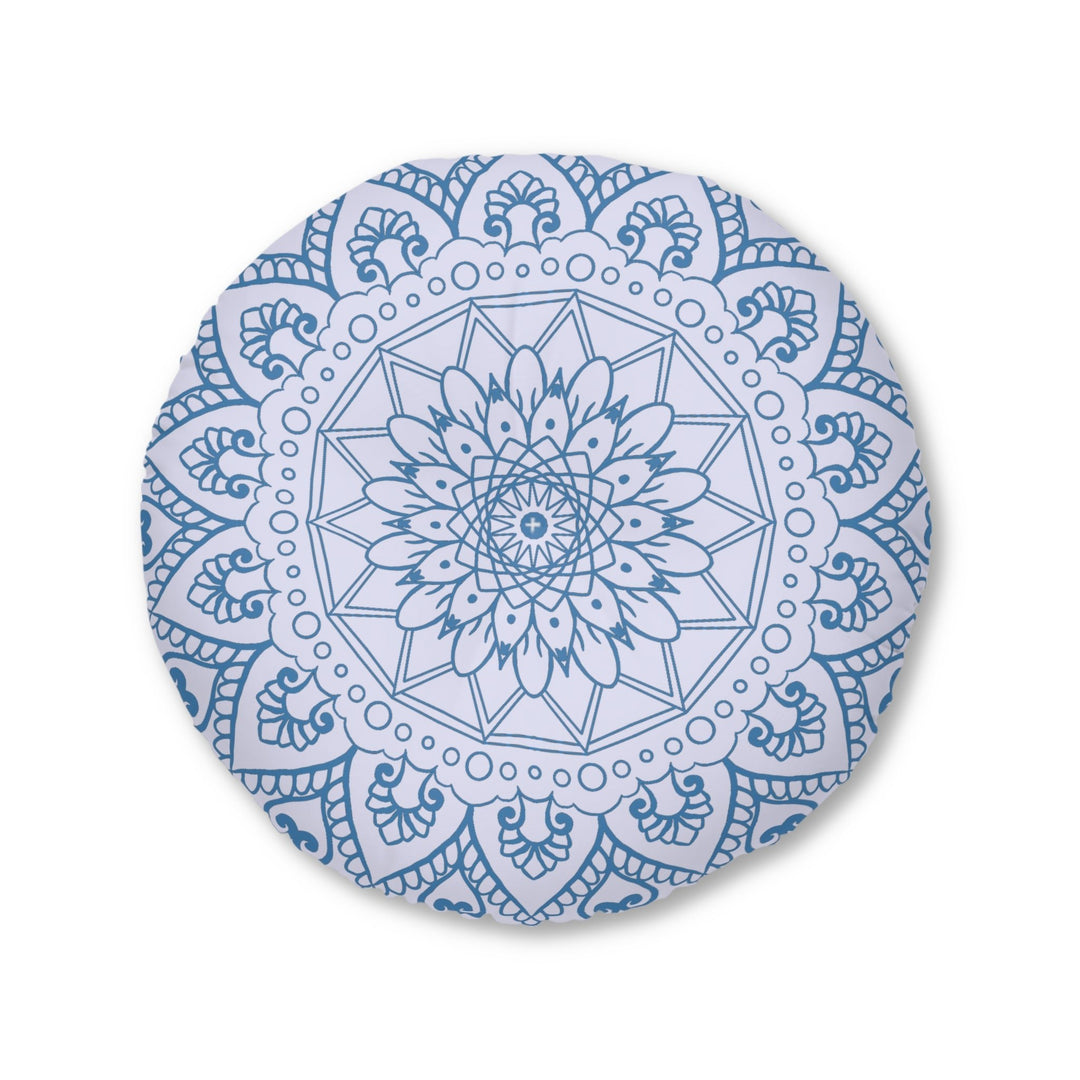 Floor Cushion Handmade Mandala Art - Steel Blue on Levander - Drawn by Hand - Tufted Floor Pillow, Round - Blululi