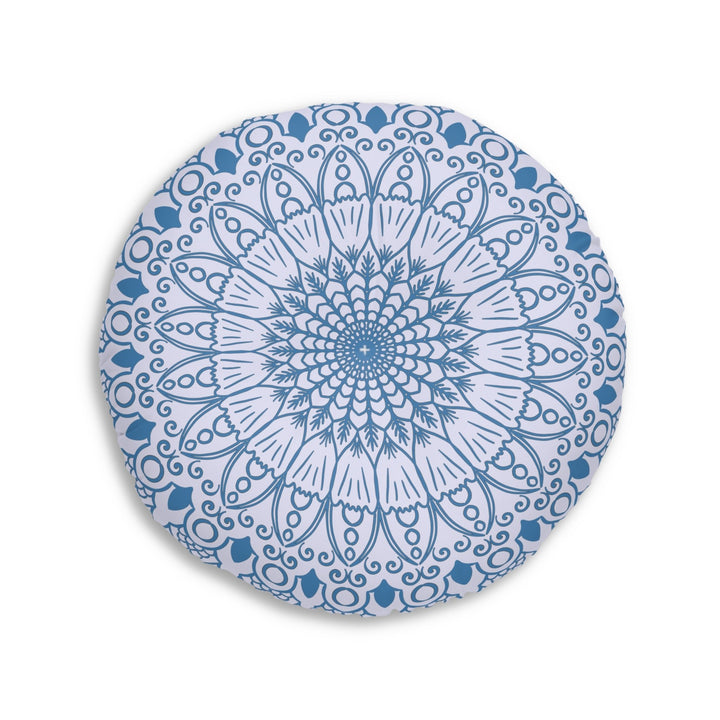 Floor Cushion Handmade Mandala Art - Steel Blue on Levander - Drawn by Hand - Tufted Floor Pillow, Round - Blululi