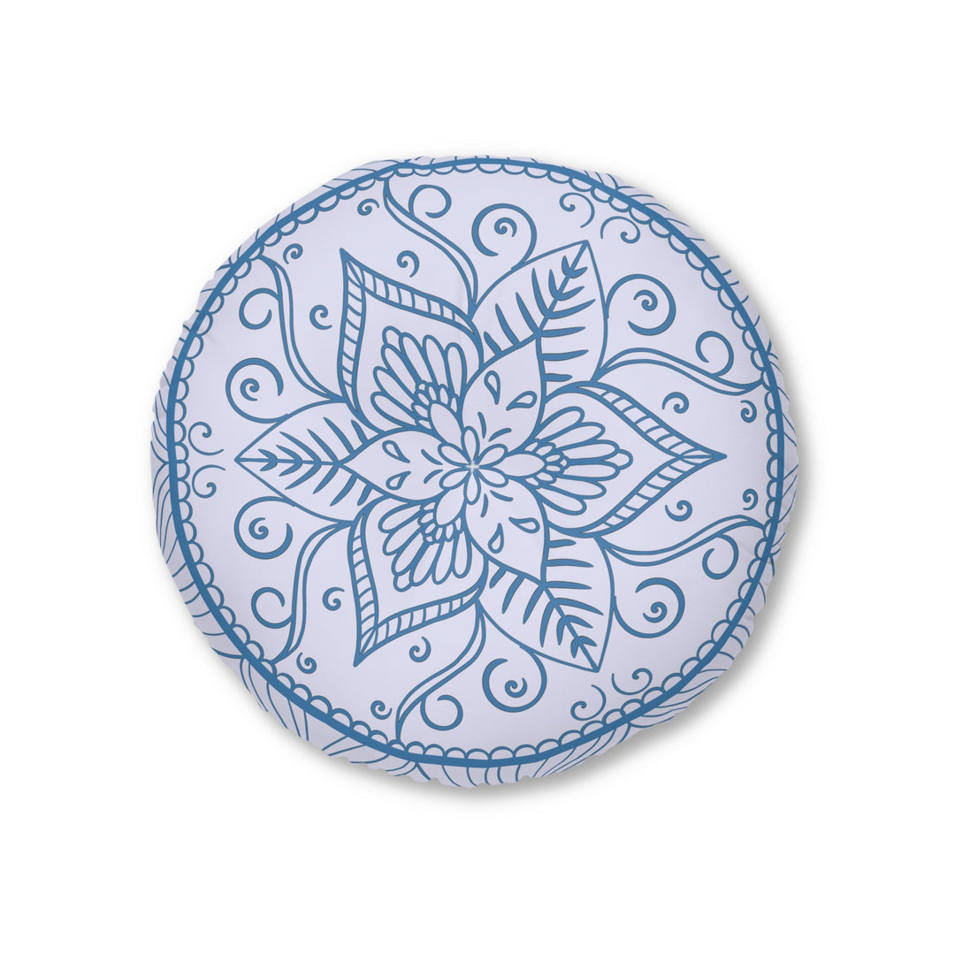 Floor Cushion Handmade Mandala Art - Steel Blue on Levander - Drawn by Hand - Tufted Floor Pillow, Round - Blululi