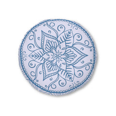Floor Cushion Handmade Mandala Art - Steel Blue on Levander - Drawn by Hand - Tufted Floor Pillow, Round - Blululi