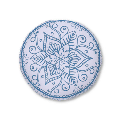 Floor Cushion Handmade Mandala Art - Steel Blue on Levander - Drawn by Hand - Tufted Floor Pillow, Round - Blululi