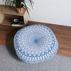 Floor Cushion Handmade Mandala Art - Steel Blue on Levander - Drawn by Hand - Tufted Floor Pillow, Round - Blululi