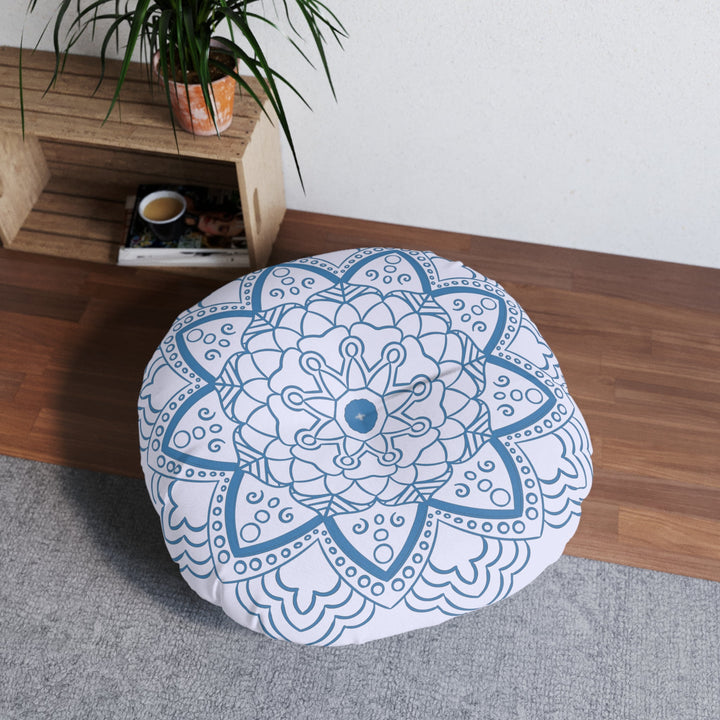 Floor Cushion Handmade Mandala Art - Steel Blue on Levander - Drawn by Hand - Tufted Floor Pillow, Round - Blululi