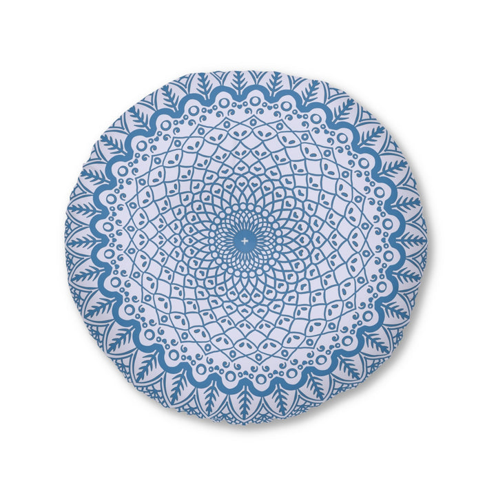 Floor Cushion Handmade Mandala Art - Steel Blue on Levander - Drawn by Hand - Tufted Floor Pillow, Round - Blululi