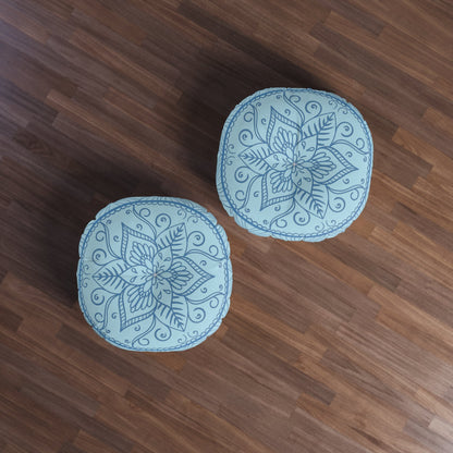 Floor Cushion Handmade Mandala Art - Steel Blue on Light Blue background - Drawn by Hand - Tufted Floor Pillow, Round - Blululi