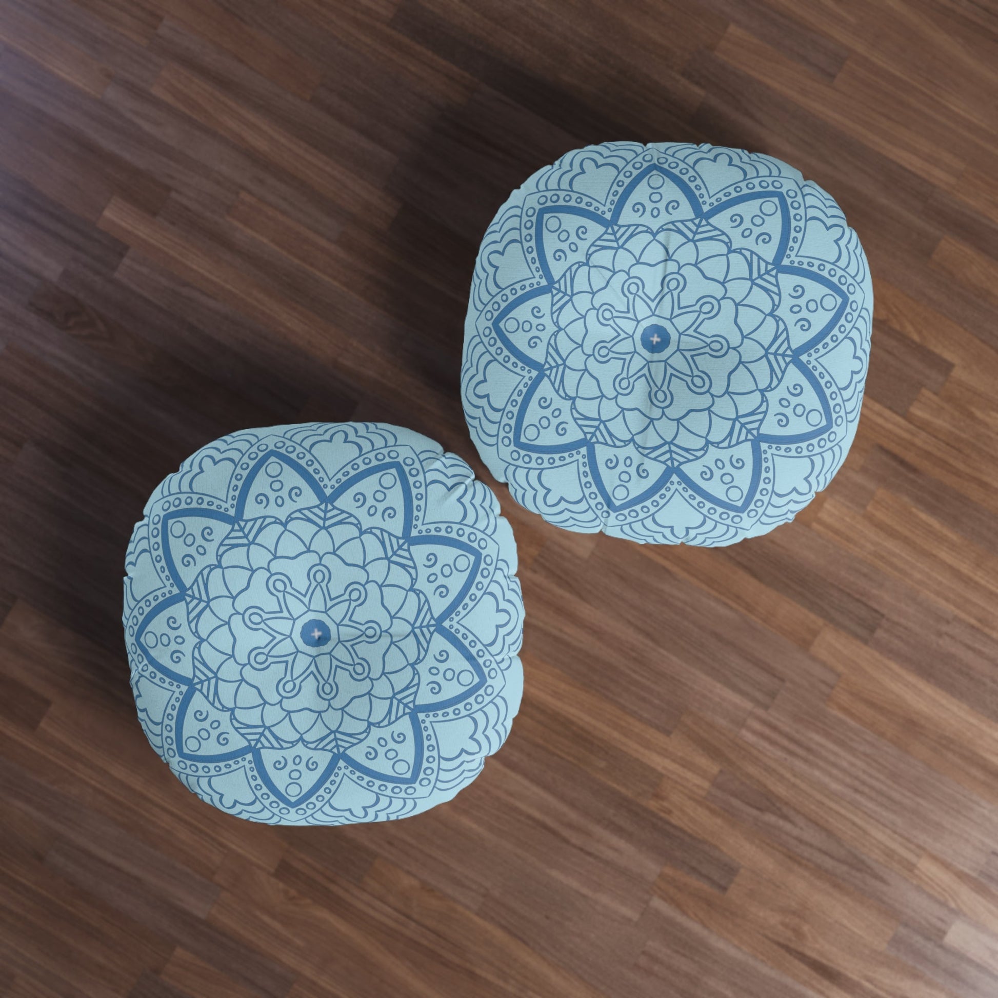 Floor Cushion Handmade Mandala Art - Steel Blue on Light Blue background - Drawn by Hand - Tufted Floor Pillow, Round - Blululi