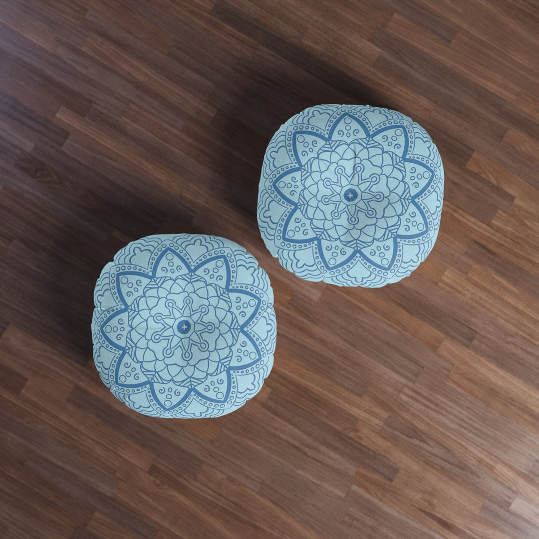 Floor Cushion Handmade Mandala Art - Steel Blue on Light Blue background - Drawn by Hand - Tufted Floor Pillow, Round - Blululi