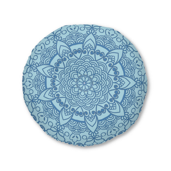 Floor Cushion Handmade Mandala Art - Steel Blue on Light Blue background - Drawn by Hand - Tufted Floor Pillow, Round - Blululi