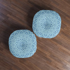 Floor Cushion Handmade Mandala Art - Steel Blue on Light Blue background - Drawn by Hand - Tufted Floor Pillow, Round - Blululi