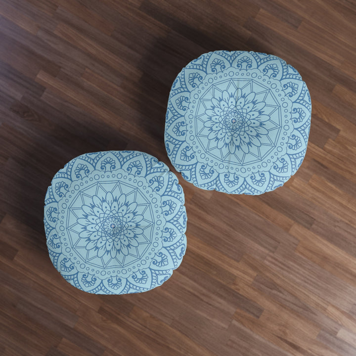 Floor Cushion Handmade Mandala Art - Steel Blue on Light Blue background - Drawn by Hand - Tufted Floor Pillow, Round - Blululi