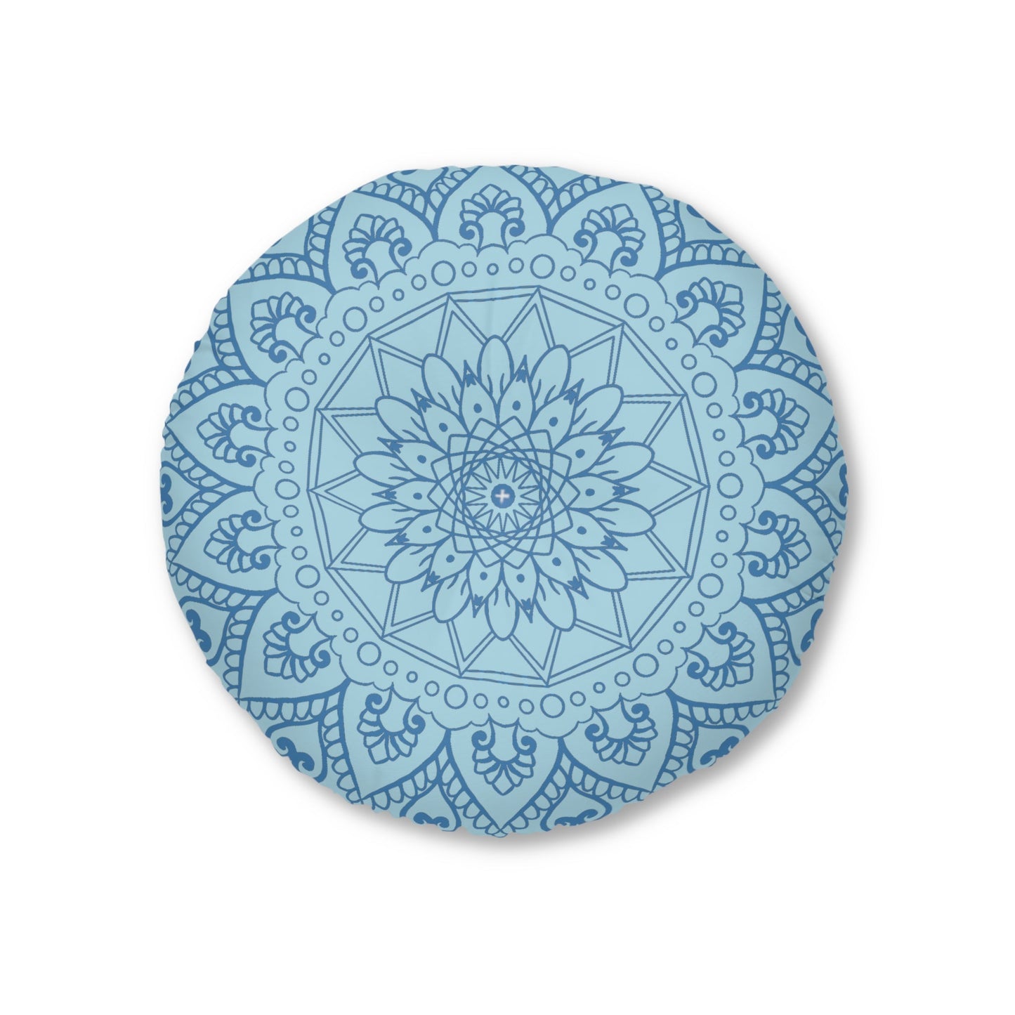 Floor Cushion Handmade Mandala Art - Steel Blue on Light Blue background - Drawn by Hand - Tufted Floor Pillow, Round - Blululi