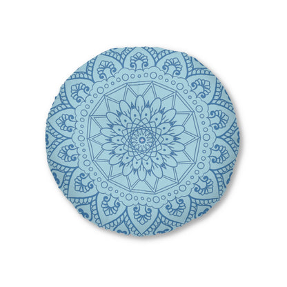 Floor Cushion Handmade Mandala Art - Steel Blue on Light Blue background - Drawn by Hand - Tufted Floor Pillow, Round - Blululi