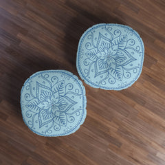 Floor Cushion Handmade Mandala Art - Steel Blue on Light Blue background - Drawn by Hand - Tufted Floor Pillow, Round - Blululi