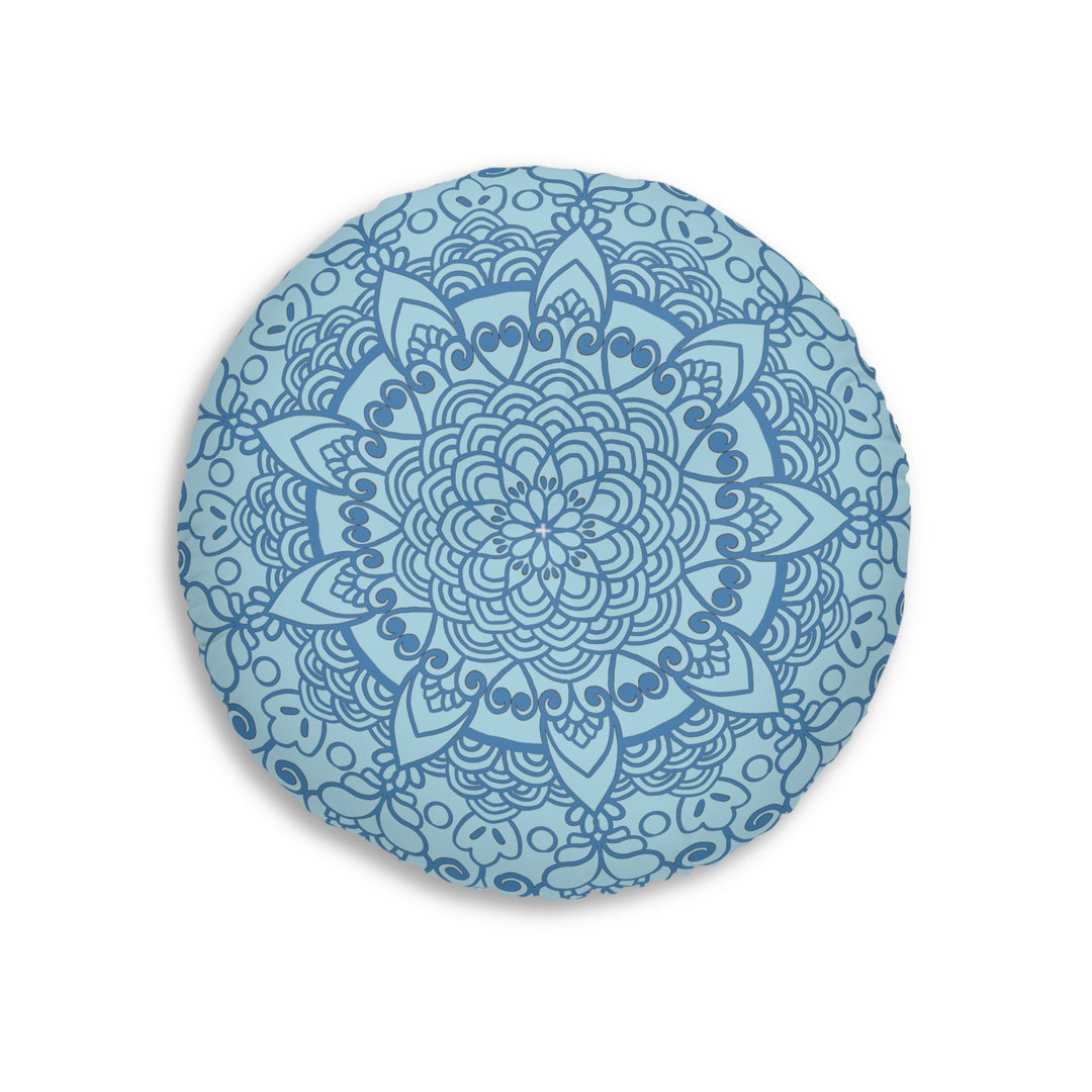 Floor Cushion Handmade Mandala Art - Steel Blue on Light Blue background - Drawn by Hand - Tufted Floor Pillow, Round - Blululi