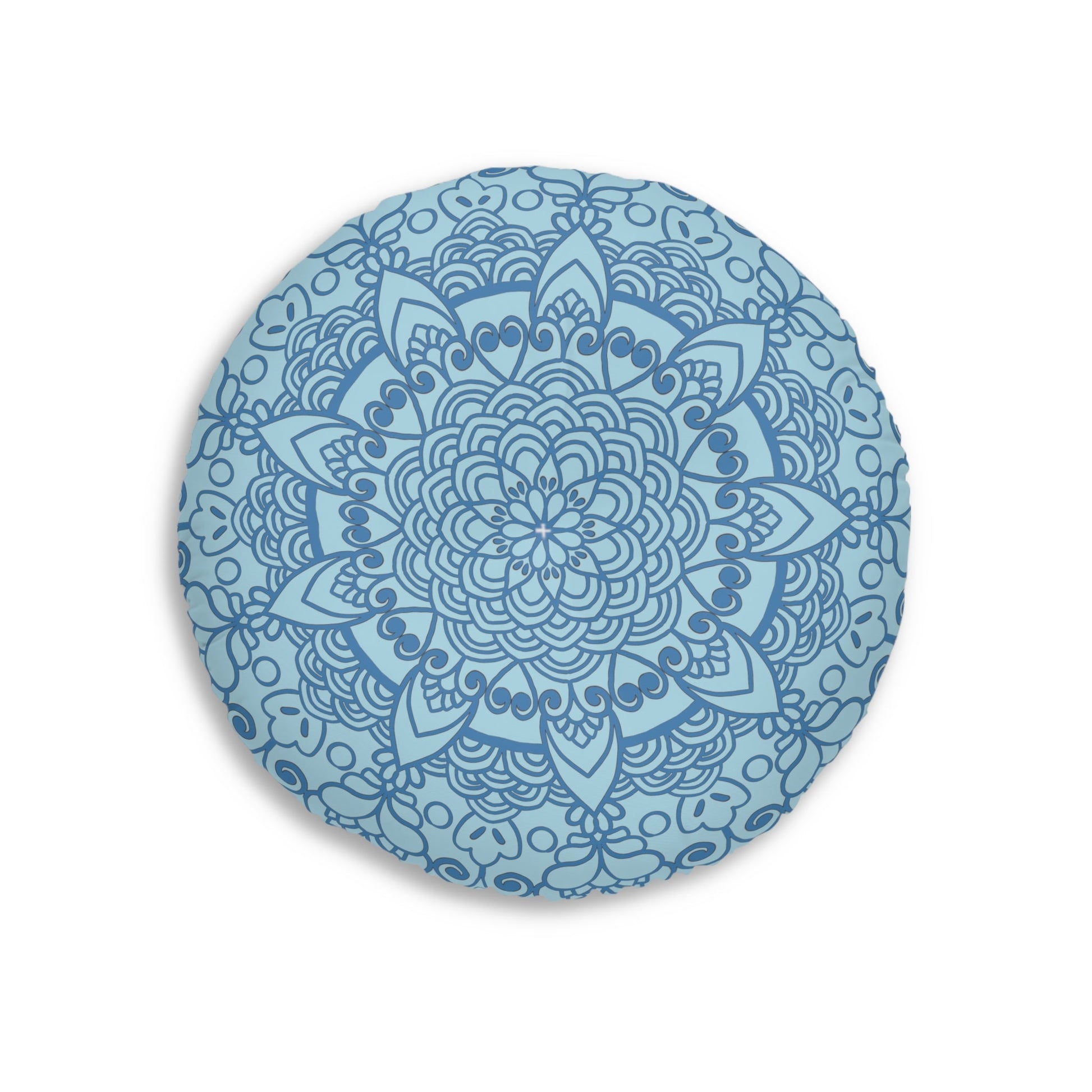 Floor Cushion Handmade Mandala Art - Steel Blue on Light Blue background - Drawn by Hand - Tufted Floor Pillow, Round - Blululi