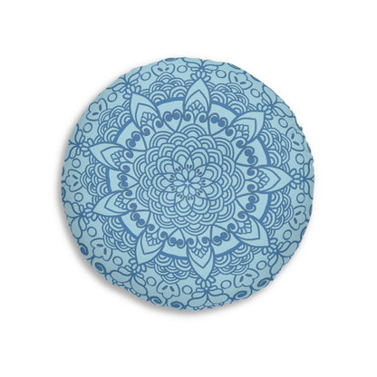 Floor Cushion Handmade Mandala Art - Steel Blue on Light Blue background - Drawn by Hand - Tufted Floor Pillow, Round - Blululi