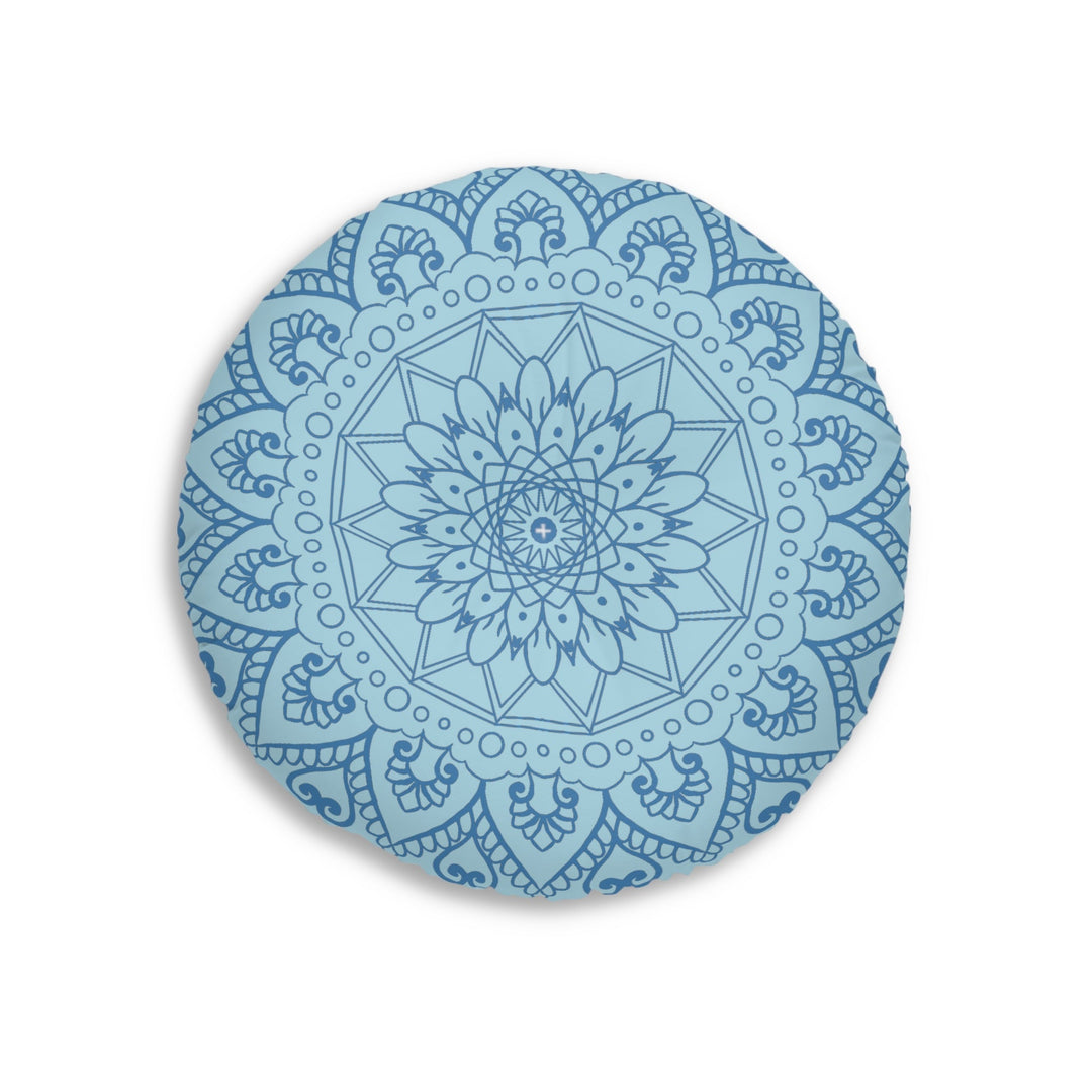 Floor Cushion Handmade Mandala Art - Steel Blue on Light Blue background - Drawn by Hand - Tufted Floor Pillow, Round - Blululi