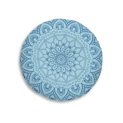 Floor Cushion Handmade Mandala Art - Steel Blue on Light Blue background - Drawn by Hand - Tufted Floor Pillow, Round - Blululi