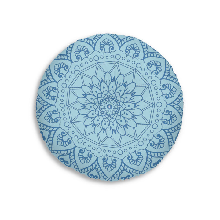 Floor Cushion Handmade Mandala Art - Steel Blue on Light Blue background - Drawn by Hand - Tufted Floor Pillow, Round - Blululi