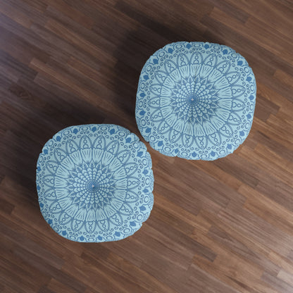 Floor Cushion Handmade Mandala Art - Steel Blue on Light Blue background - Drawn by Hand - Tufted Floor Pillow, Round - Blululi