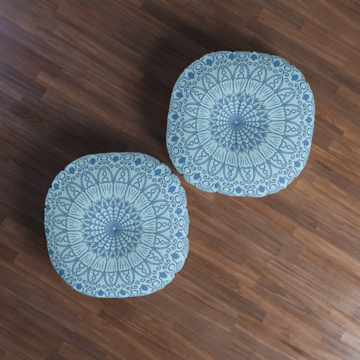 Floor Cushion Handmade Mandala Art - Steel Blue on Light Blue background - Drawn by Hand - Tufted Floor Pillow, Round - Blululi