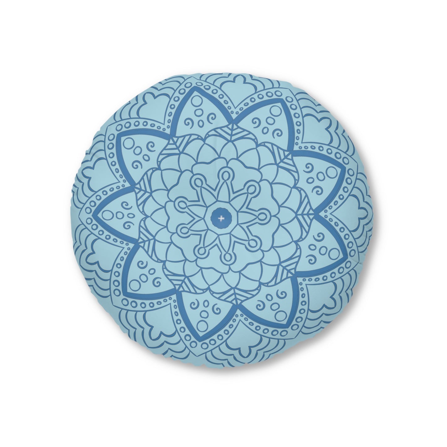 Floor Cushion Handmade Mandala Art - Steel Blue on Light Blue background - Drawn by Hand - Tufted Floor Pillow, Round - Blululi