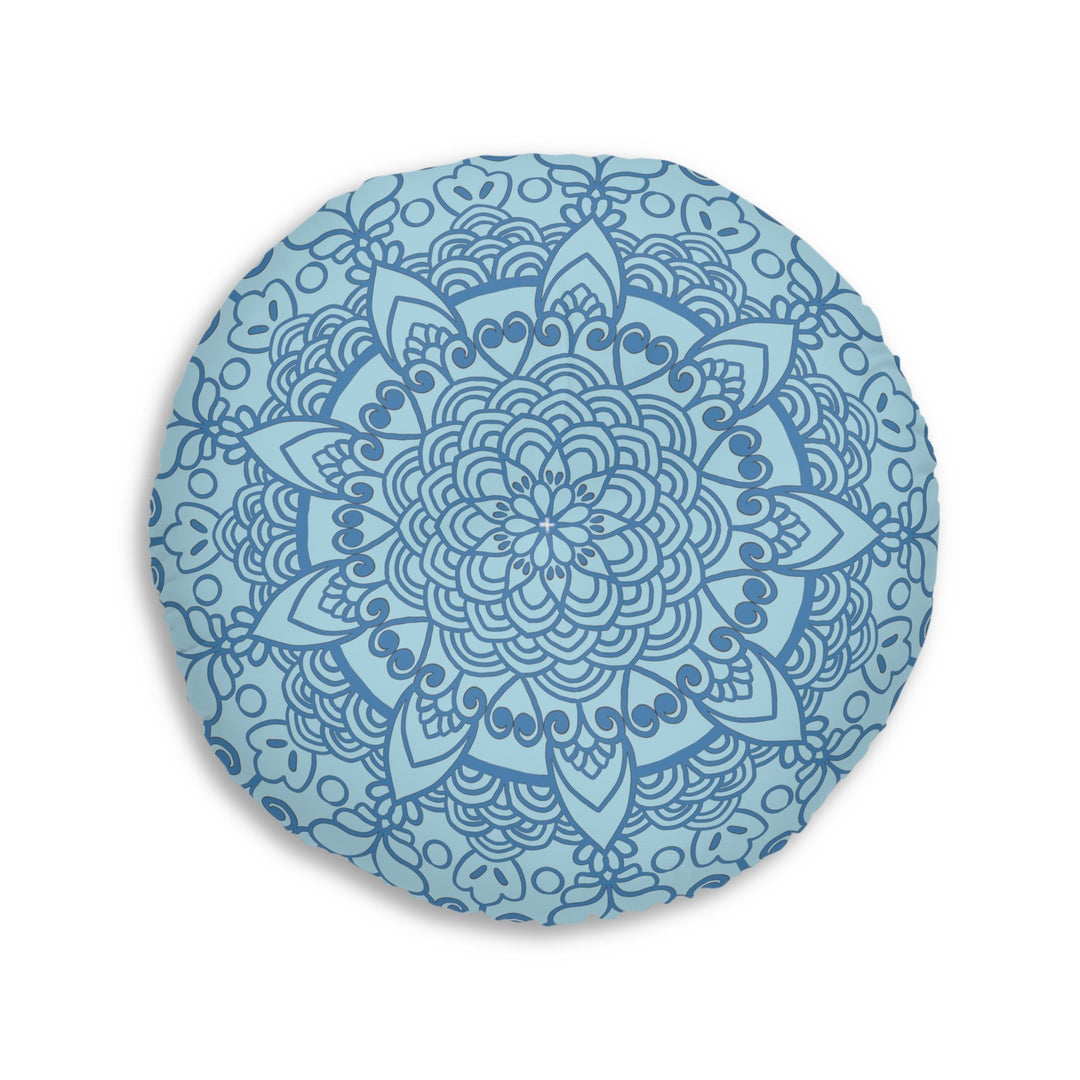 Floor Cushion Handmade Mandala Art - Steel Blue on Light Blue background - Drawn by Hand - Tufted Floor Pillow, Round - Blululi