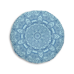 Floor Cushion Handmade Mandala Art - Steel Blue on Light Blue background - Drawn by Hand - Tufted Floor Pillow, Round - Blululi