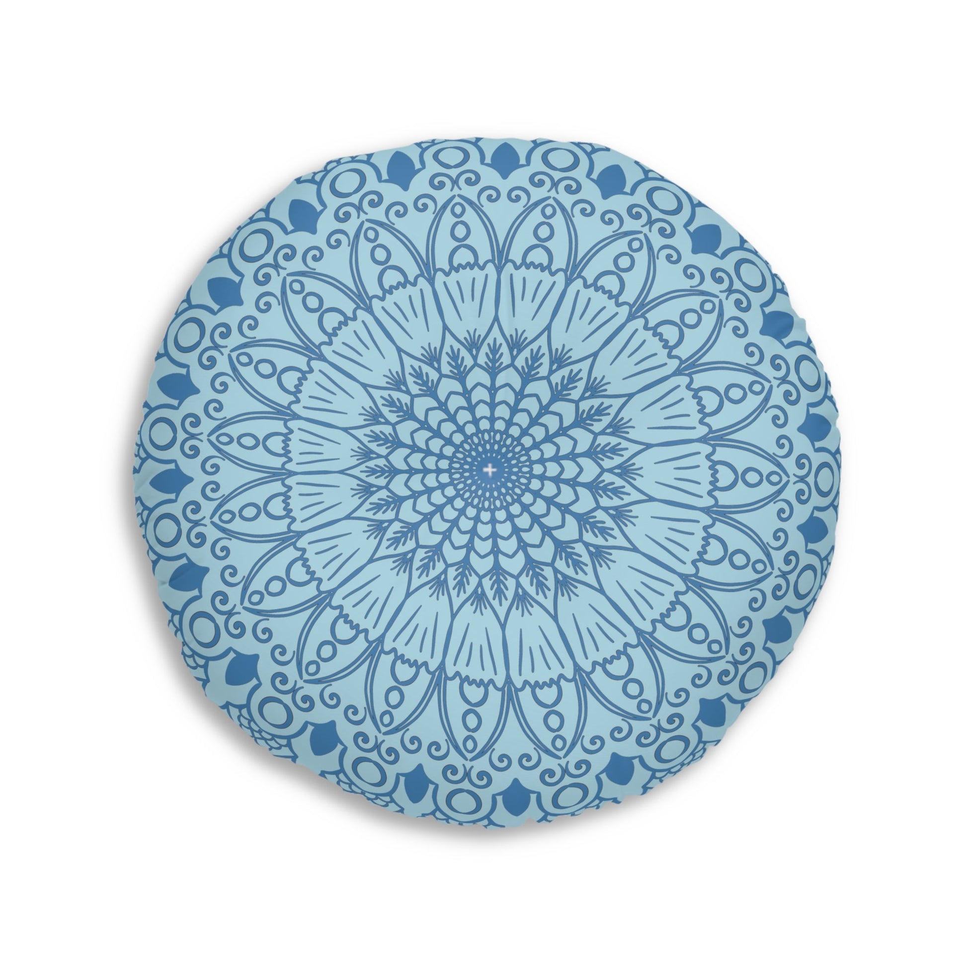 Floor Cushion Handmade Mandala Art - Steel Blue on Light Blue background - Drawn by Hand - Tufted Floor Pillow, Round - Blululi