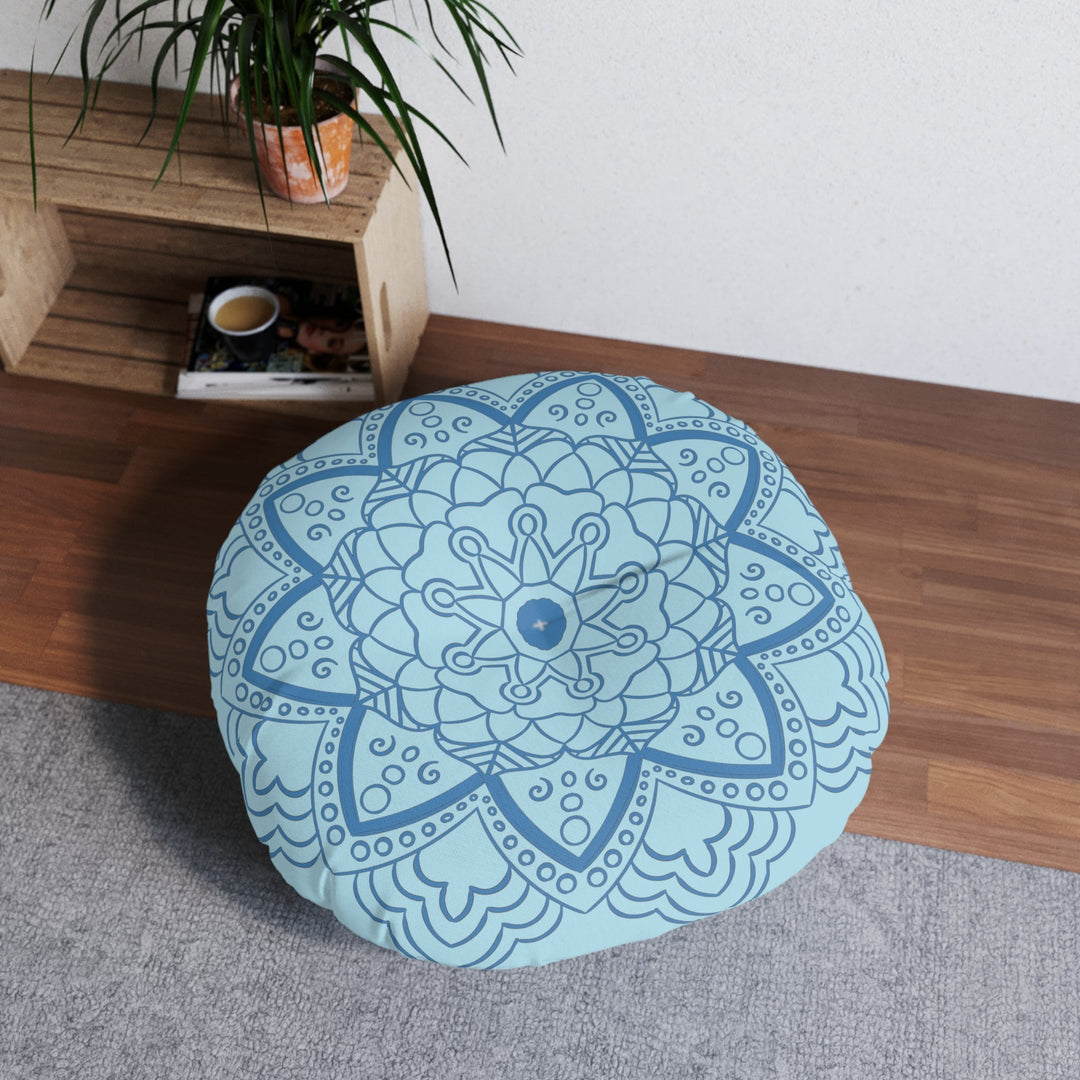 Floor Cushion Handmade Mandala Art - Steel Blue on Light Blue background - Drawn by Hand - Tufted Floor Pillow, Round - Blululi