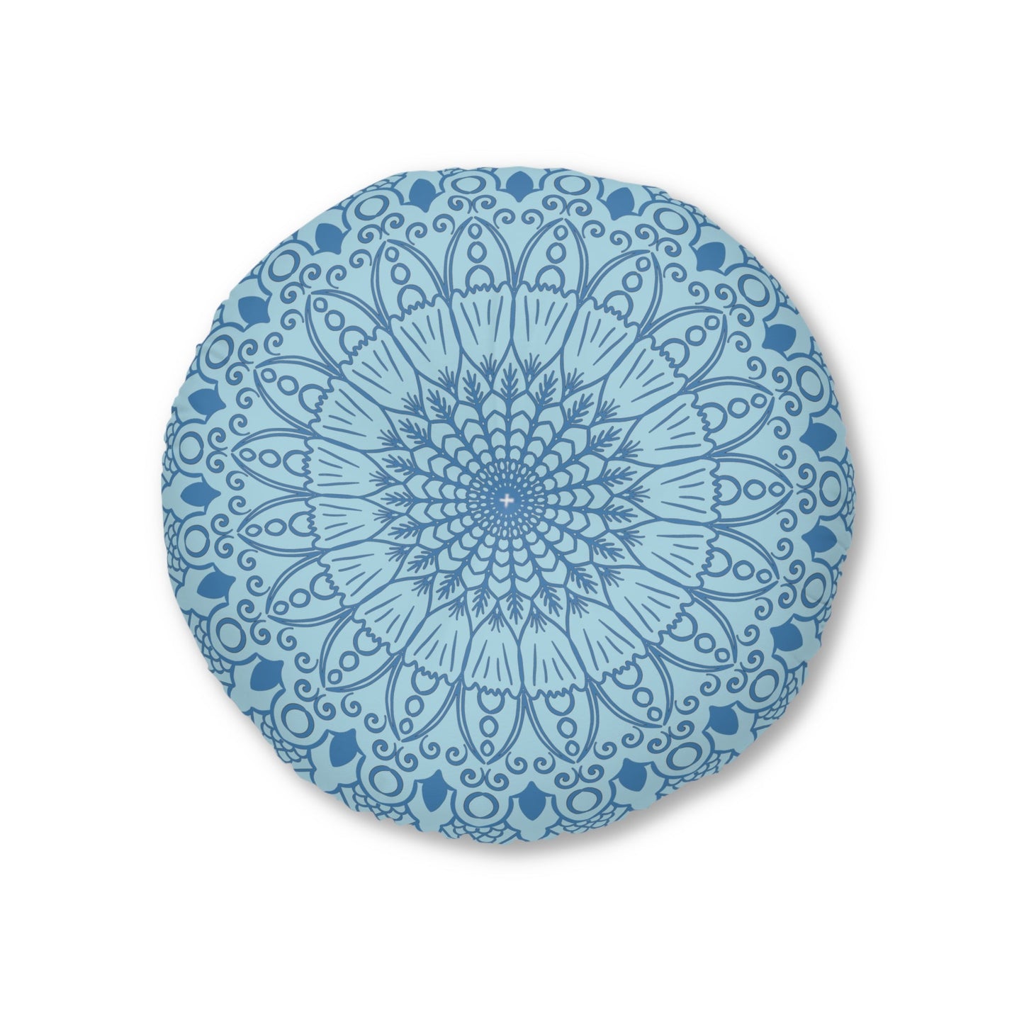 Floor Cushion Handmade Mandala Art - Steel Blue on Light Blue background - Drawn by Hand - Tufted Floor Pillow, Round - Blululi