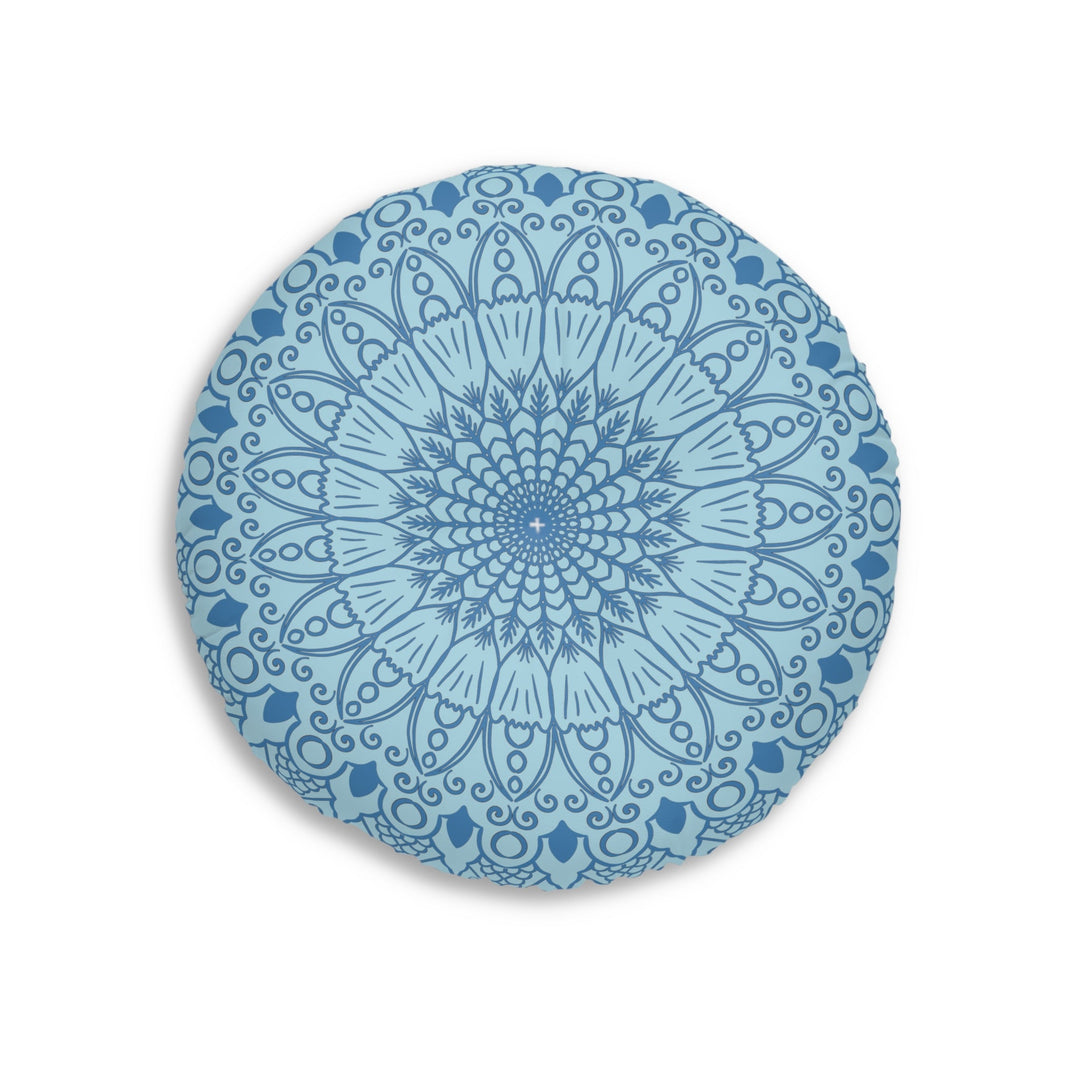 Floor Cushion Handmade Mandala Art - Steel Blue on Light Blue background - Drawn by Hand - Tufted Floor Pillow, Round - Blululi