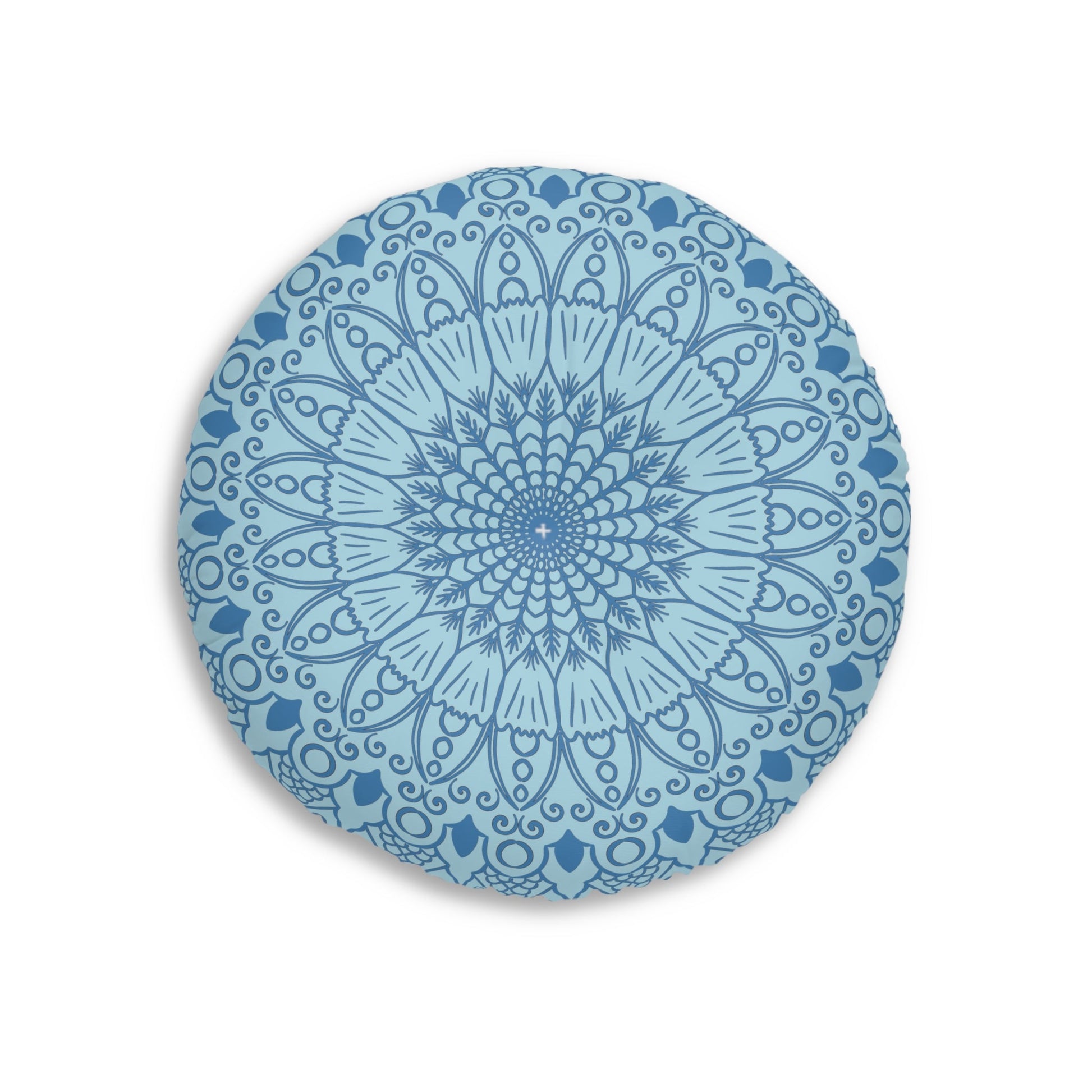 Floor Cushion Handmade Mandala Art - Steel Blue on Light Blue background - Drawn by Hand - Tufted Floor Pillow, Round - Blululi