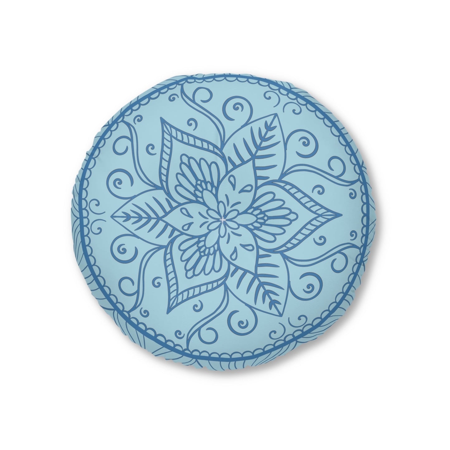 Floor Cushion Handmade Mandala Art - Steel Blue on Light Blue background - Drawn by Hand - Tufted Floor Pillow, Round - Blululi