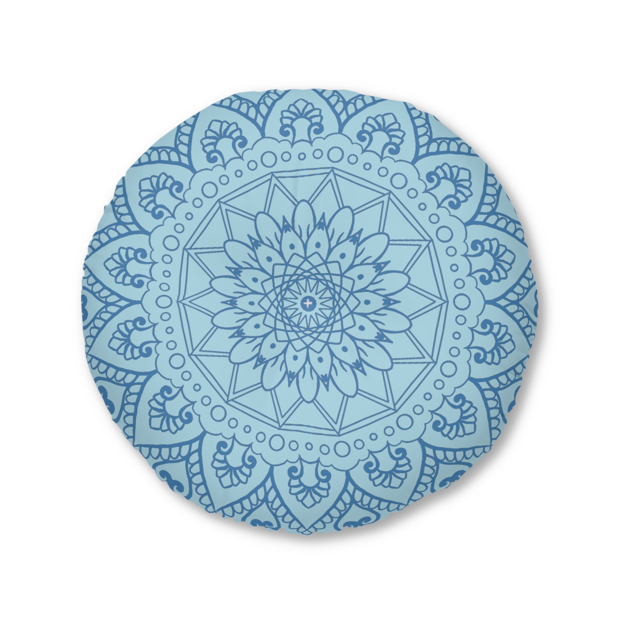 Floor Cushion Handmade Mandala Art - Steel Blue on Light Blue background - Drawn by Hand - Tufted Floor Pillow, Round - Blululi