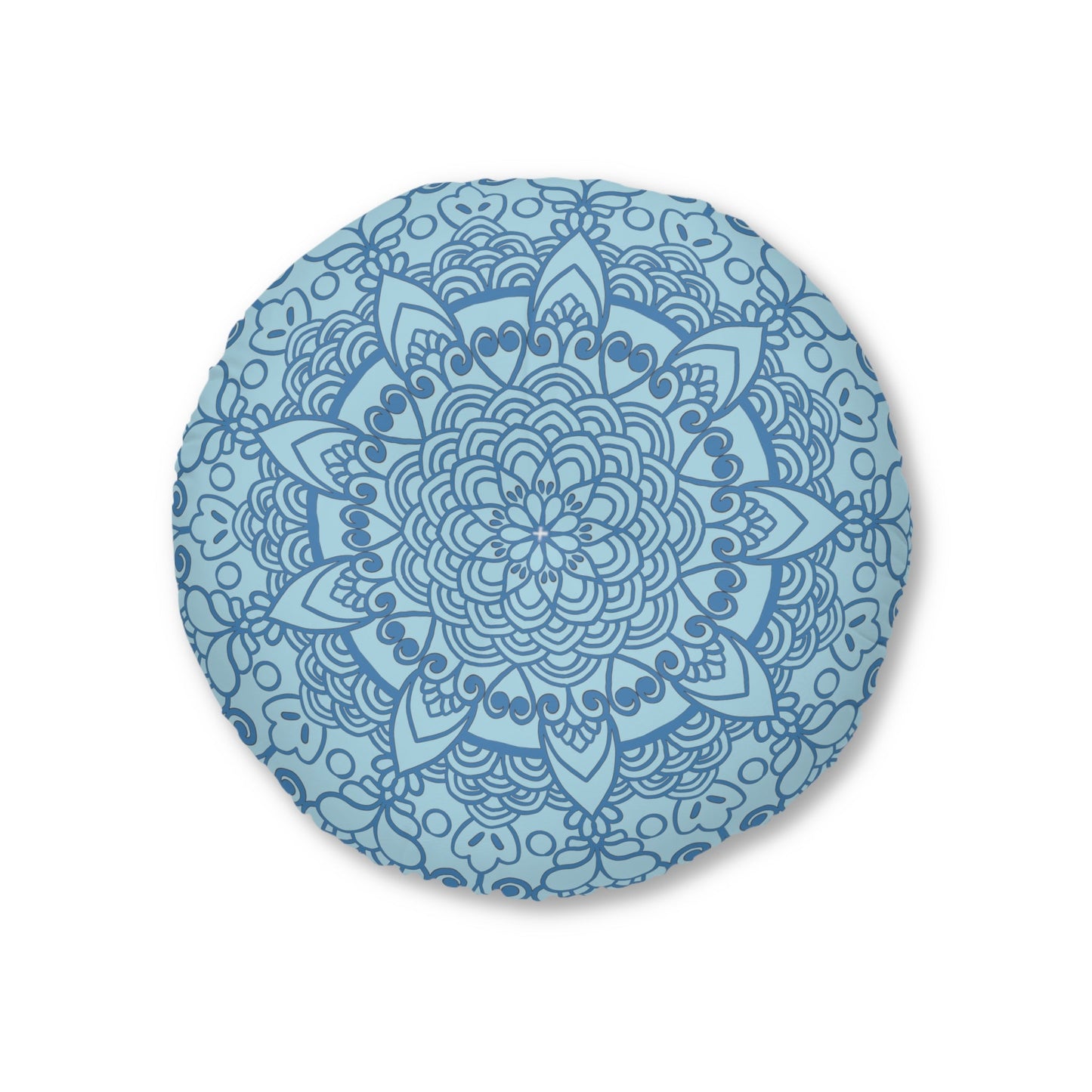 Floor Cushion Handmade Mandala Art - Steel Blue on Light Blue background - Drawn by Hand - Tufted Floor Pillow, Round - Blululi