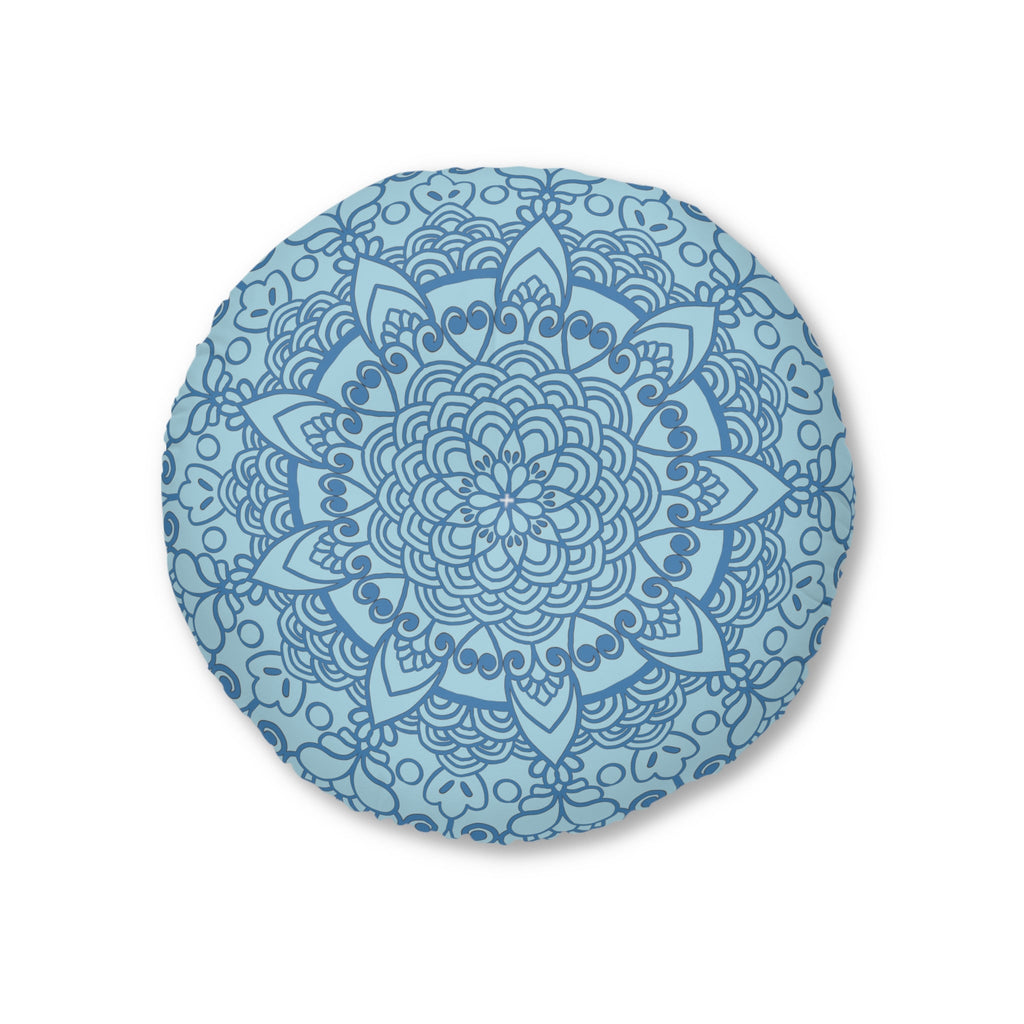 Floor Cushion Handmade Mandala Art - Steel Blue on Light Blue background - Drawn by Hand - Tufted Floor Pillow, Round - Blululi