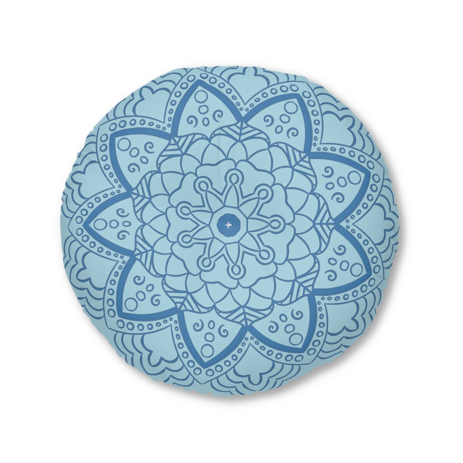 Floor Cushion Handmade Mandala Art - Steel Blue on Light Blue background - Drawn by Hand - Tufted Floor Pillow, Round - Blululi