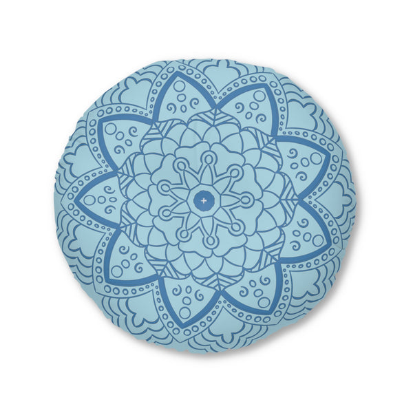 Floor Cushion Handmade Mandala Art - Steel Blue on Light Blue background - Drawn by Hand - Tufted Floor Pillow, Round - Blululi