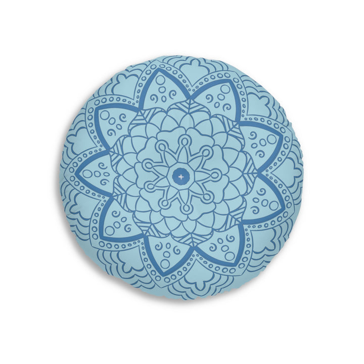 Floor Cushion Handmade Mandala Art - Steel Blue on Light Blue background - Drawn by Hand - Tufted Floor Pillow, Round - Blululi