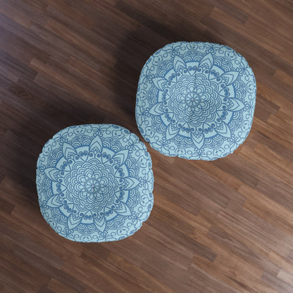 Floor Cushion Handmade Mandala Art - Steel Blue on Light Blue background - Drawn by Hand - Tufted Floor Pillow, Round - Blululi