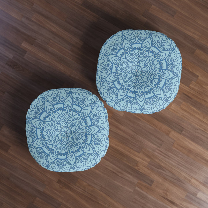 Floor Cushion Handmade Mandala Art - Steel Blue on Light Blue background - Drawn by Hand - Tufted Floor Pillow, Round - Blululi