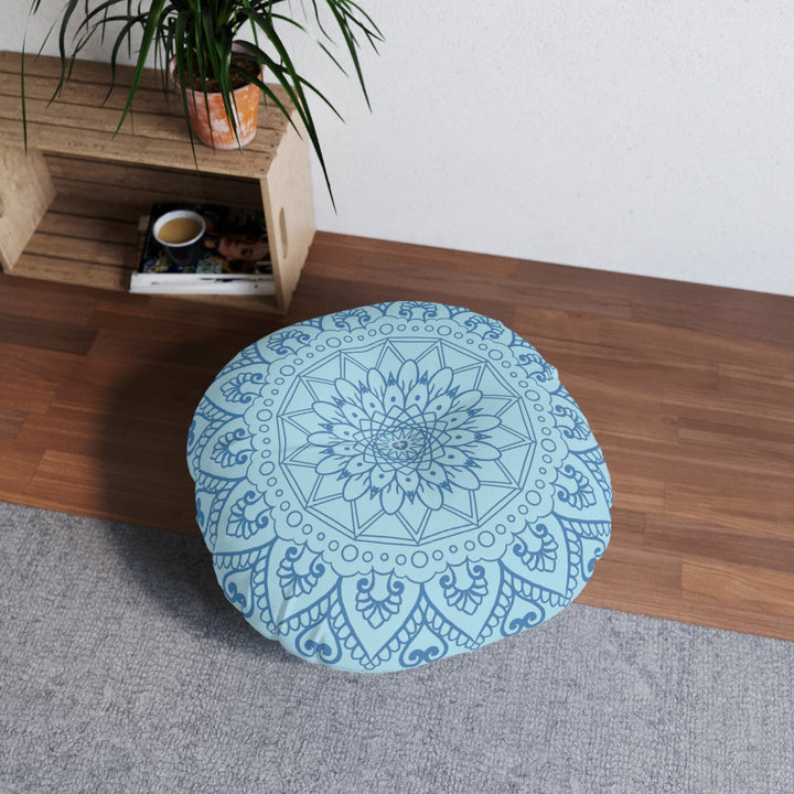 Floor Cushion Handmade Mandala Art - Steel Blue on Light Blue background - Drawn by Hand - Tufted Floor Pillow, Round - Blululi