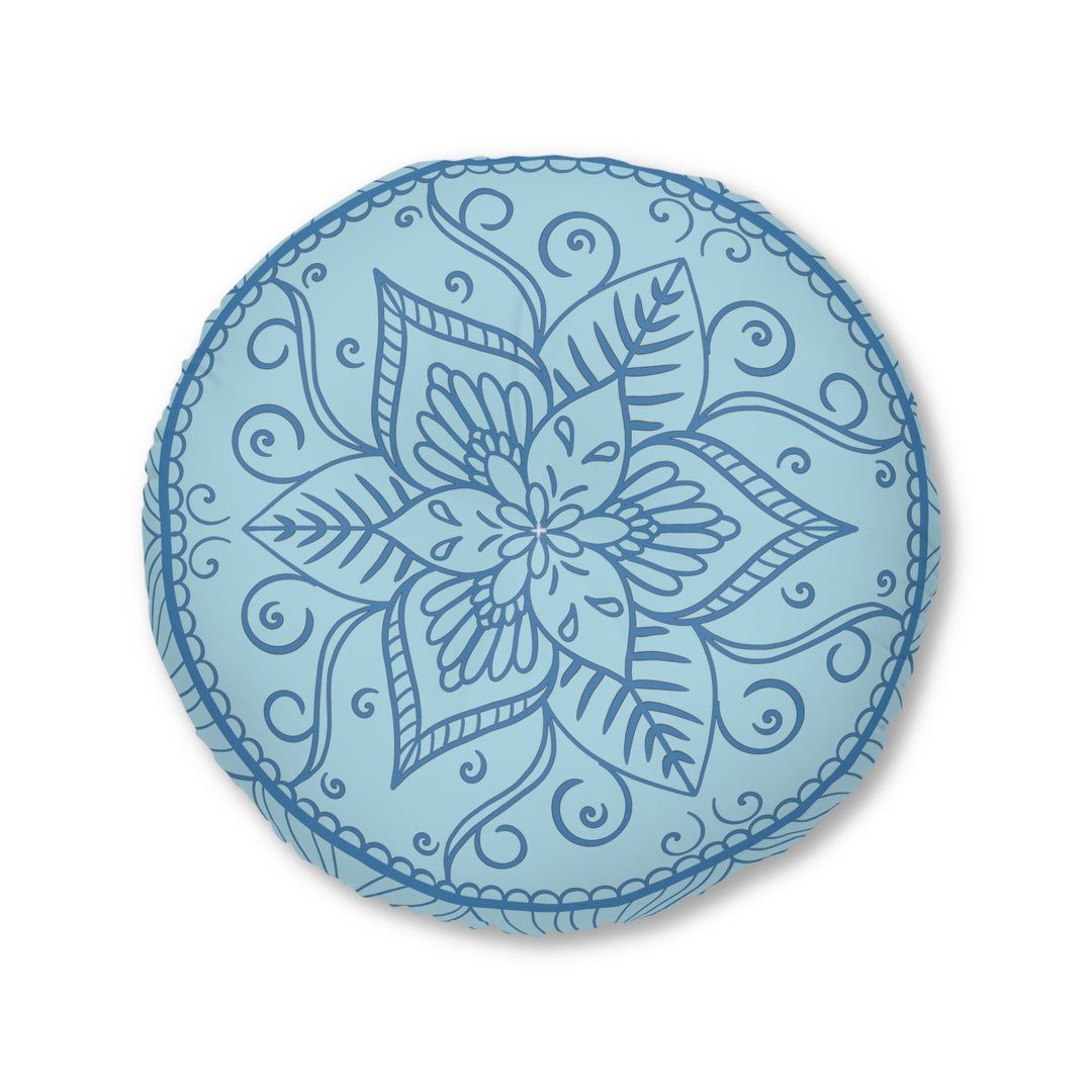 Floor Cushion Handmade Mandala Art - Steel Blue on Light Blue background - Drawn by Hand - Tufted Floor Pillow, Round - Blululi