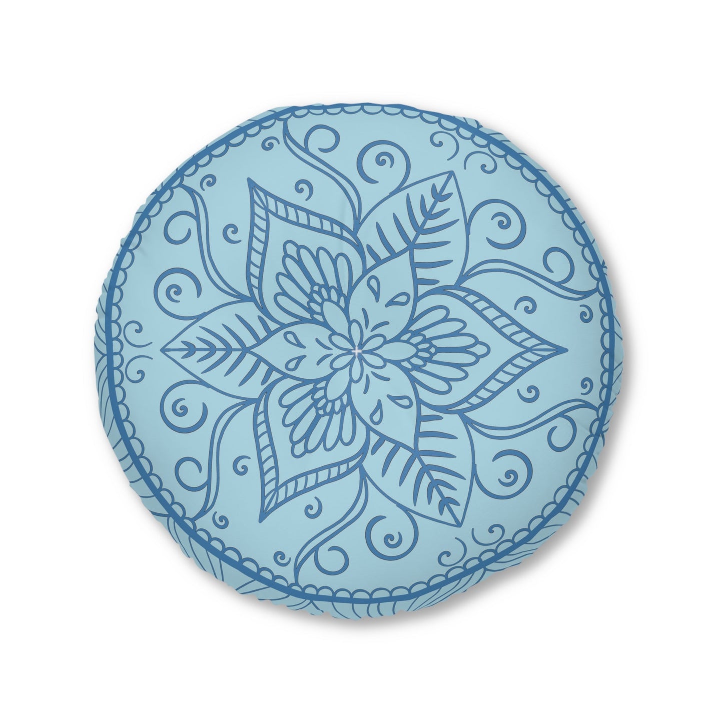 Floor Cushion Handmade Mandala Art - Steel Blue on Light Blue background - Drawn by Hand - Tufted Floor Pillow, Round - Blululi