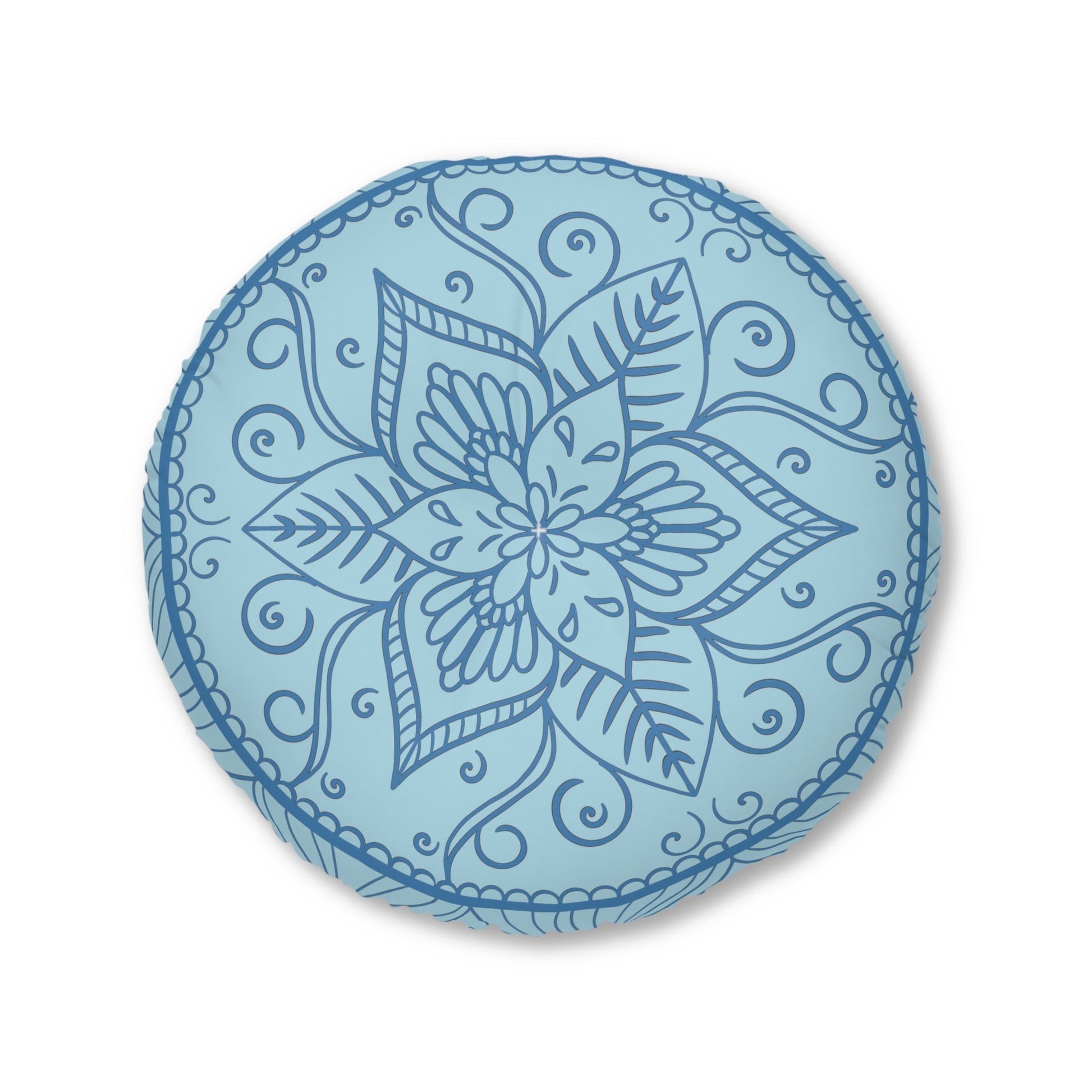 Floor Cushion Handmade Mandala Art - Steel Blue on Light Blue background - Drawn by Hand - Tufted Floor Pillow, Round - Blululi